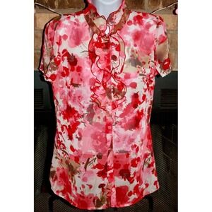 East 5th Womens Pink Red Floral Ruffle Front Short Sleeve Blouse Small